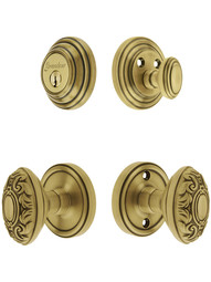 Grandeur Georgetown Entry Door Set, Keyed Alike with Grande Victorian Knobs in Antique Brass.